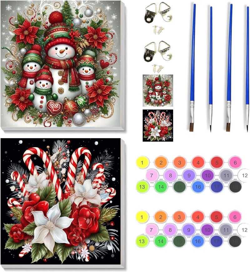 VIGEGU 2 Pack Christmas Paint by Numbers Kit for Adults with Framed,Snowman Candy Canes Paint by Number DIY Adult Paint by Number Kits for Wall Decor 10x10in - Image 1